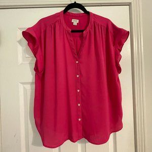 J CREW Factory Pink Womens Ruffle-sleeve Camp Shirt Button Front EUC Size L